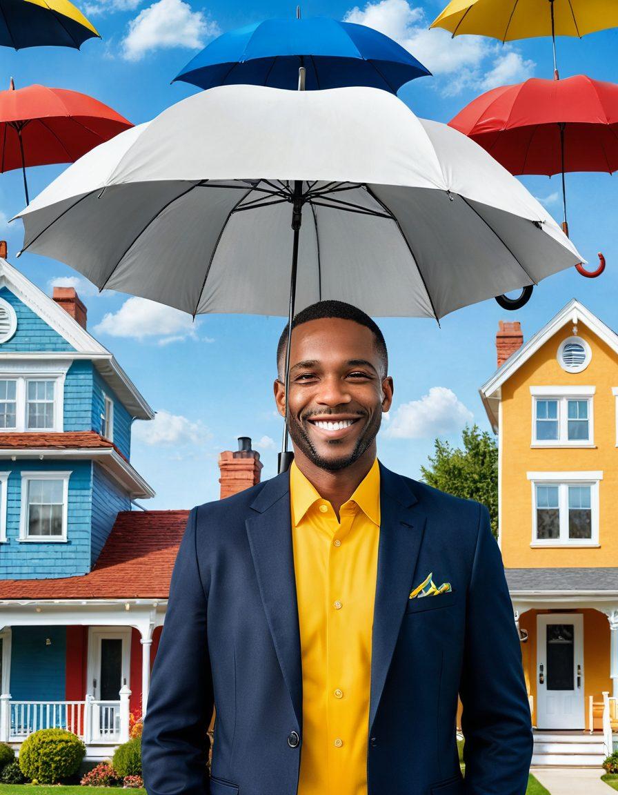 A visually compelling image of a confident landlord standing in front of a well-maintained rental property, holding an umbrella symbolizing protection over the house. Surrounding them are icons representing various types of insurance (e.g., shield, house, bank, paperwork). The background features a sunny sky, with a subtle hint of a city skyline to indicate urban living. The overall mood should be reassuring and authoritative, showcasing the importance of protecting investments. super-realistic. vibrant colors. white background.