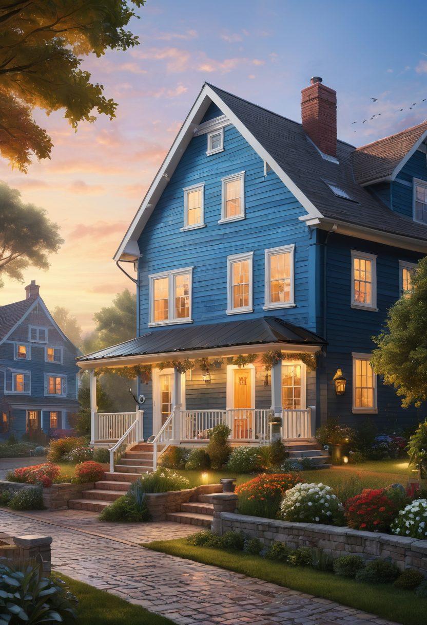 A visually striking illustration of diverse properties like a cozy cottage, an urban apartment, and a sprawling farmhouse, surrounded by a shield made of various insurance icons like umbrellas, locks, and houses. Bright colors highlighting the concept of protection and security, with a warm, inviting atmosphere. Include a subtle backdrop of blue skies to symbolize peace of mind. super-realistic. vibrant colors. warm tones.