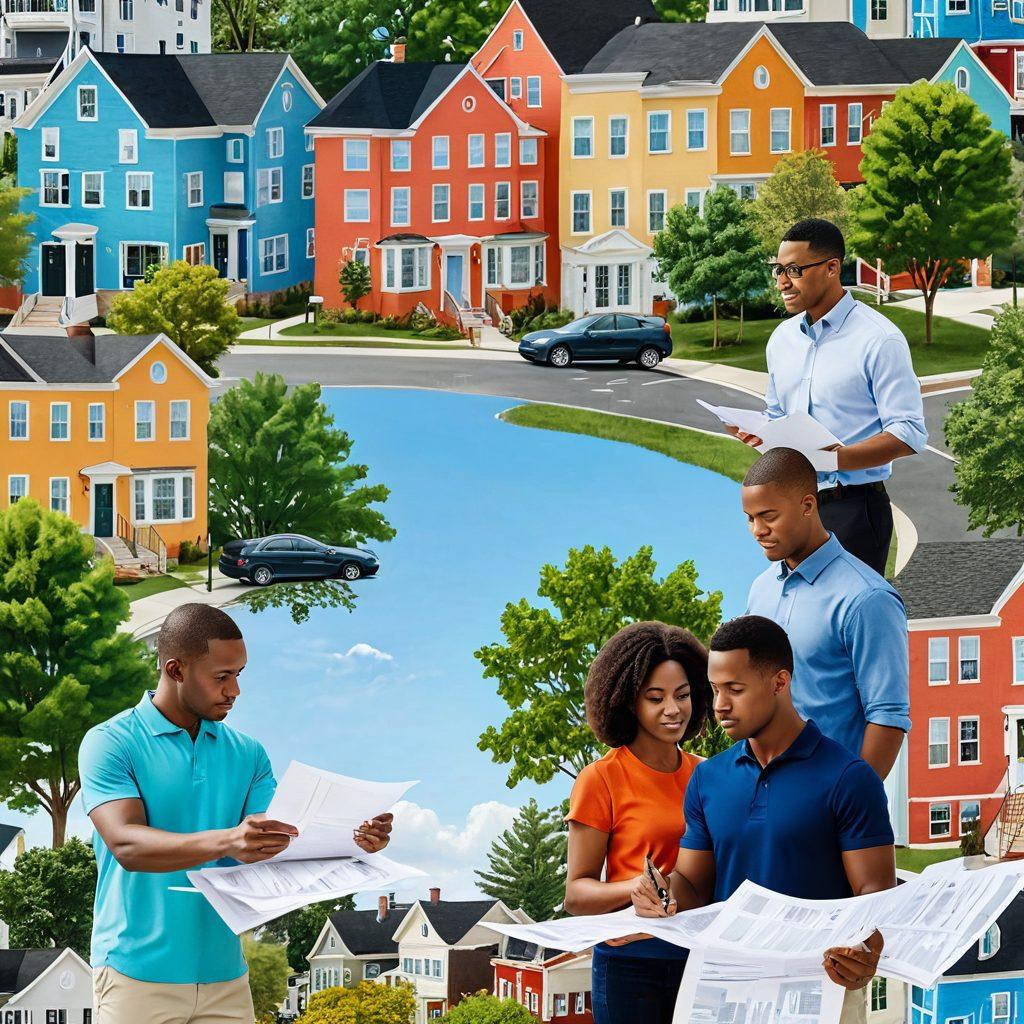 A visually engaging scene depicting a diverse group of landlords reviewing insurance documents under a bright blue sky, surrounded by a variety of properties like apartments and single-family homes. Illustrate key coverage elements with floating icons such as protection shields and policy documents. Add lush green landscapes in the background to create a sense of security and stability. super-realistic. vibrant colors. white background.